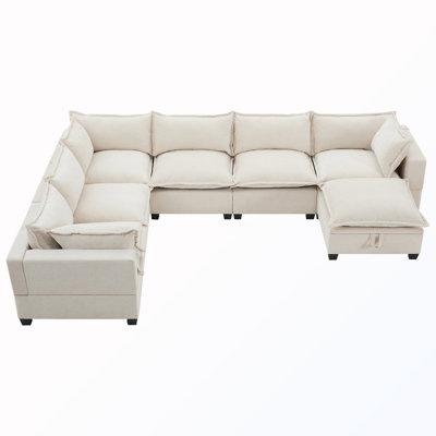 U-Shaped  7-Seat Upholstered Sectional Sofa with Storage Ottoman