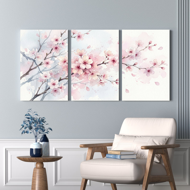 Ensemble de 3 toiles peintes à l'aquarelle représentant des fleurs de cerisier, idéales pour la décoration du salon et de la chambre.