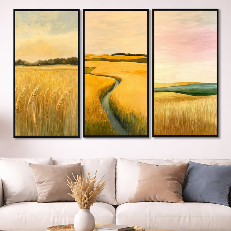 Prairie Gold Meadows in Usa - Yellow Illinois, reproduction sur toile 3 pièces, H 40 po x l 60 po, Black Floater Framed