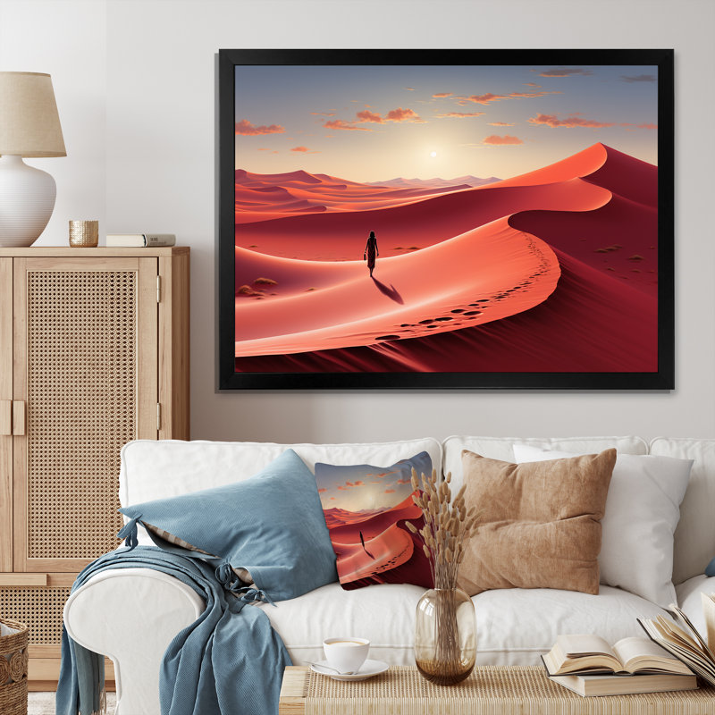 Dunes vermillon rouges et jaunes désert Wanderer II - désert, art mural, Cadre flottant doré, H 24 po x l 32 po x P 1 po