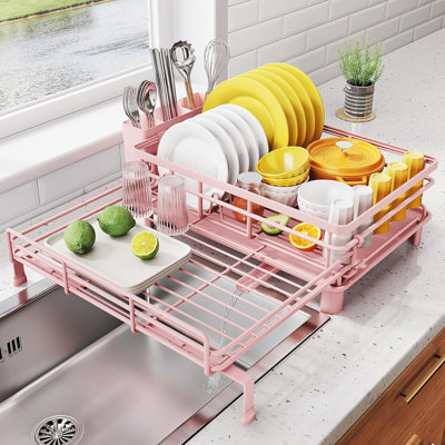 Dish Drying Rack , Extendable Dish Rack, Large Sink Drying Dish Drainer for Kitchen Counter, Stainless Steel Dish Strainer with Utensil Holder