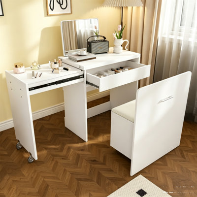 Bureau extensible multifonctionnel pliable de 119 cm (47 po), table de maquillage avec miroir, 3 modes d'utilisation avec tabouret de rangement, meuble gain de place pour chambre ou appartement, blanc