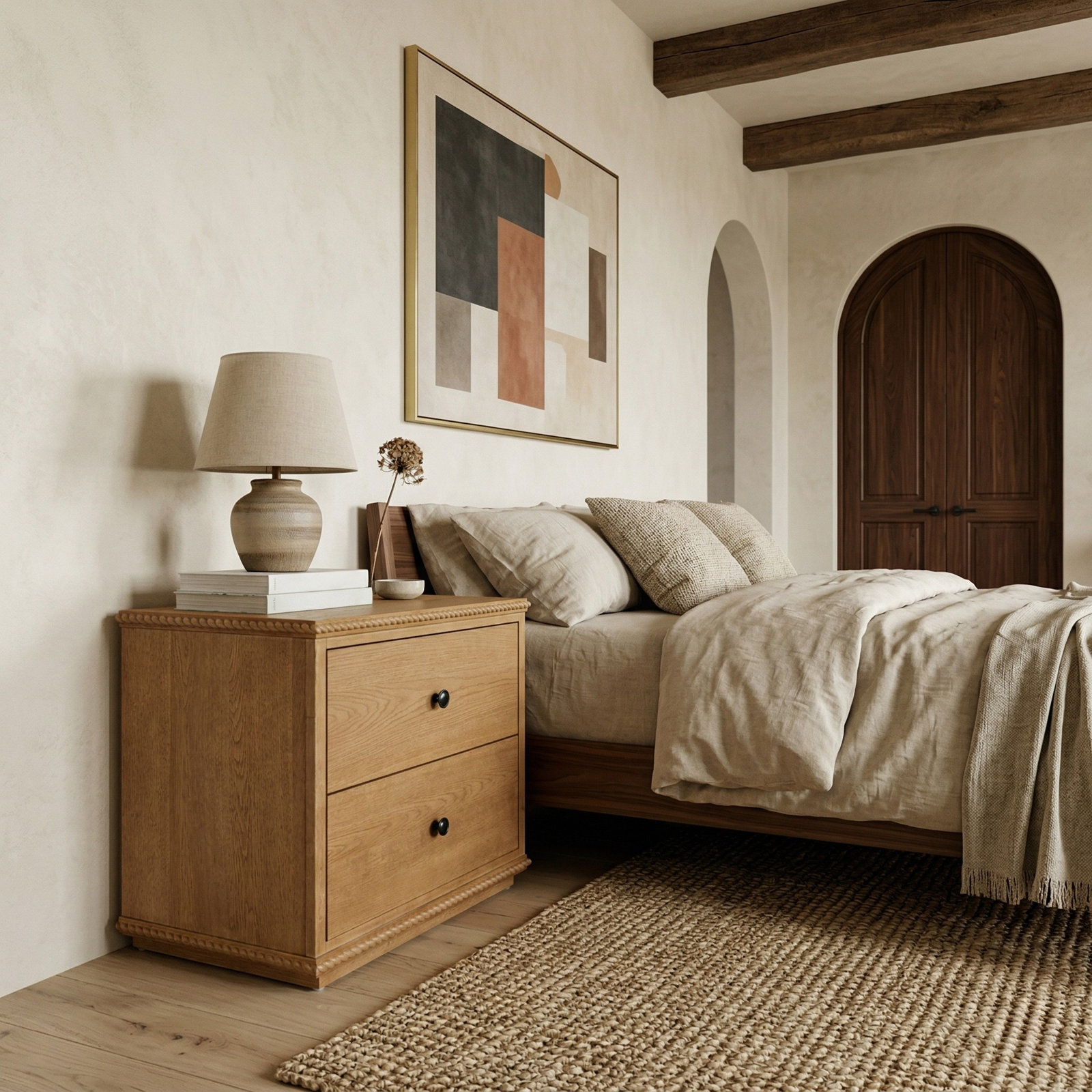 Nightstand with Rope Detailing, Brown Oak