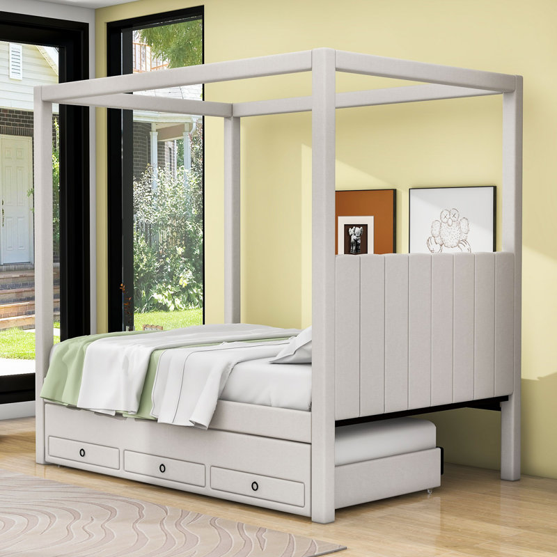 Lit plateforme à baldaquin avec lit gigogne simple et 3 tiroirs de rangement Raqib, Beige, Double