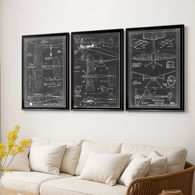 Aéronautique Blueprint I - Toile tendue avec châssis sur mesure - 3 pièces