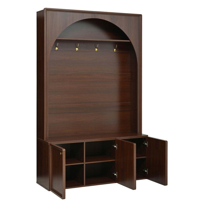 Farmhouse All-In-One Hall Tree With Adjustable Shelves, Retro Arched Entryway Storage Bench With 3 Cabinets, Wooden Coat Rack Organizer With 4 Golden Hooks For Mudroom, Hallway