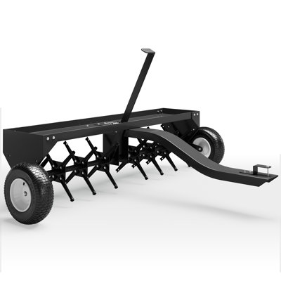 Aérateur de pelouse à remorquer de 122 cm (48 po), en acier galvanisé, 24 dents profondes en acier, attelage universel pour tracteurs/VTT/tondeuses autoportées, plateau de lestage réglable de 68 kg (150 lb), roues pneumatiques de 25 cm (10 po), robuste, assemblage facile.