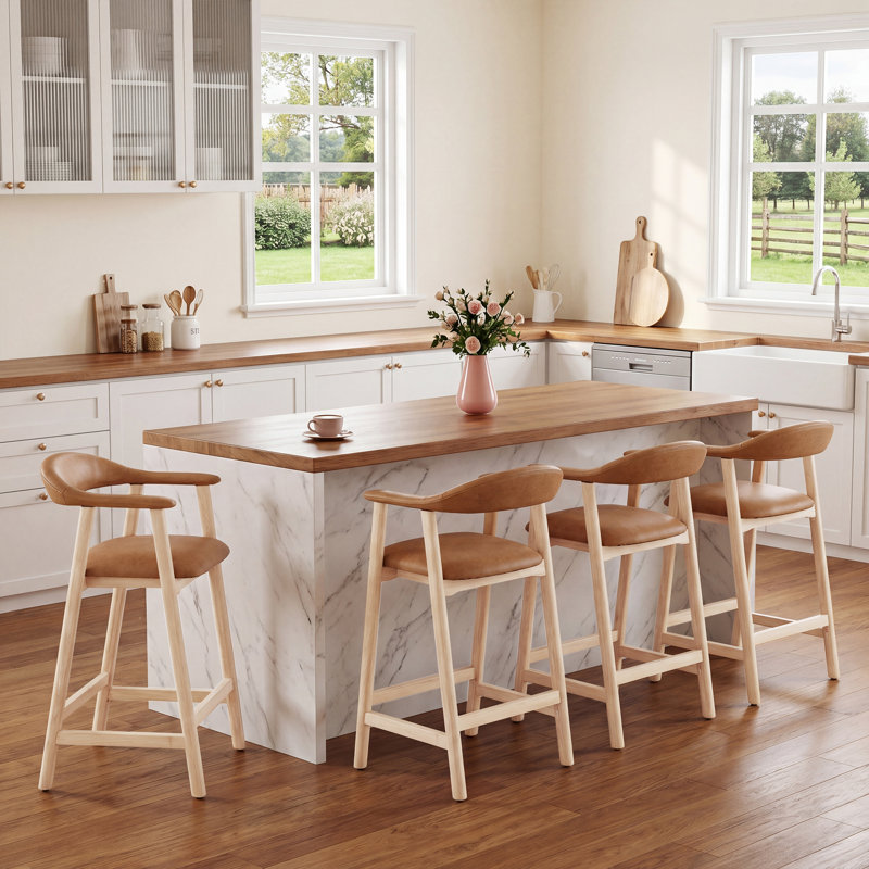 Tabouret de bar scandinave rembourré avec pieds en bois et dossier courbé, Brun, 4, Faux Leather