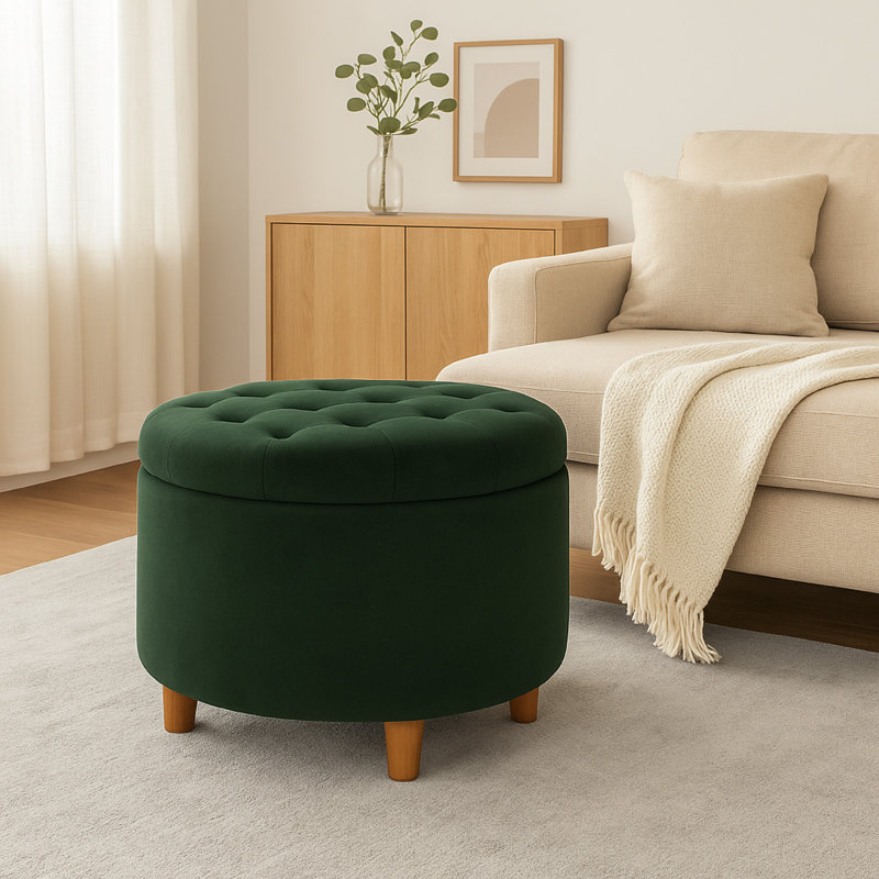 Repose-pieds avec rangement Jo, dessus relevable capitonné rond de 28 pouces, velours épice, Vert olive