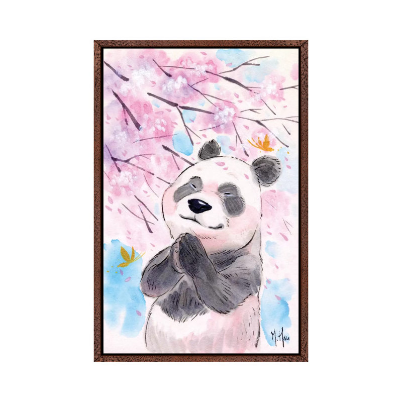 Cherry Blossom Wishes Panda by Martin Hsu - Print on Canvas, 66.04 cm H x 45.72 cm W, Classic Brown Wood Framed