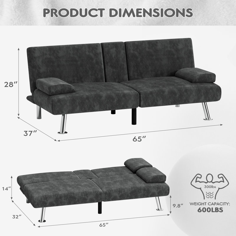 Canapé convertible en tissu d'ameublement 65 po Preas, Gris