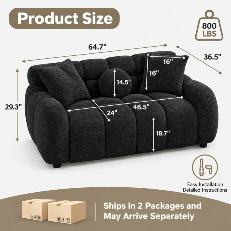 64.7" Teddy Upholstered Bubble Tufted Loveseat Sofa, Black