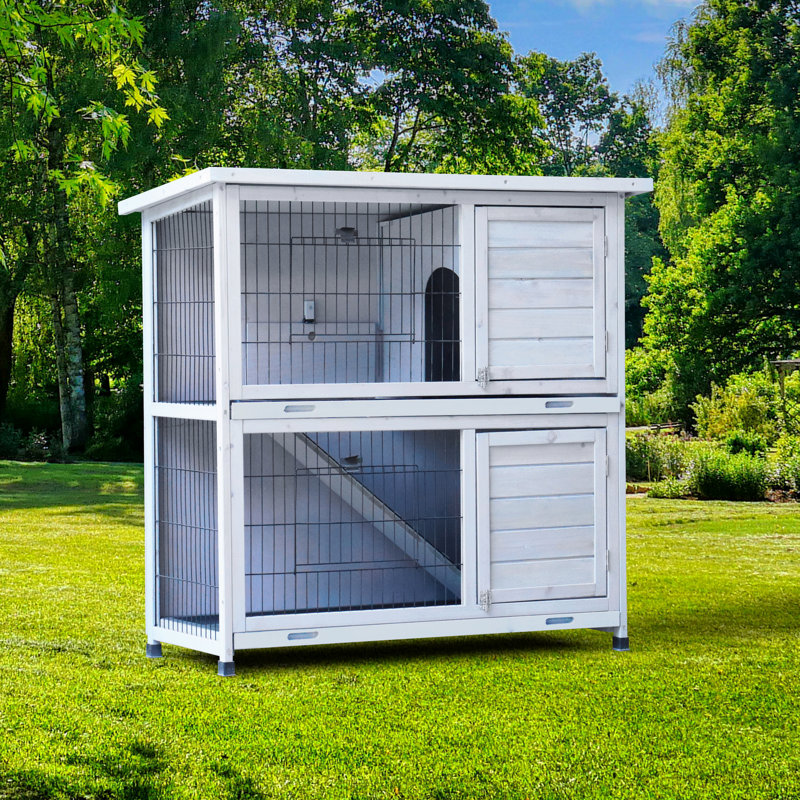 Cage à lapin 2 étages avec couloir extérieur, cage de lapin intérieure avec toit imperméable, rampe antidérapante et 2 plateaux anti-fuites amovibles pour petits animaux