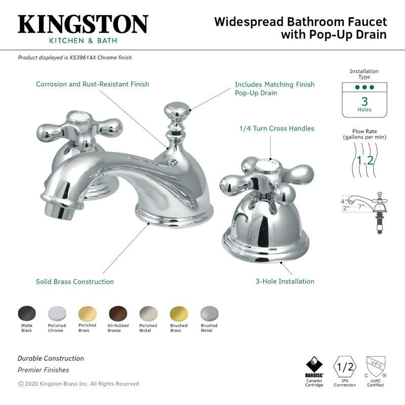 Kingston Brass Restoration Two-Handle 3-Hole Deck Mount Widespread Bathroom Faucet with Brass Pop-Up Drain, Polished Chrome