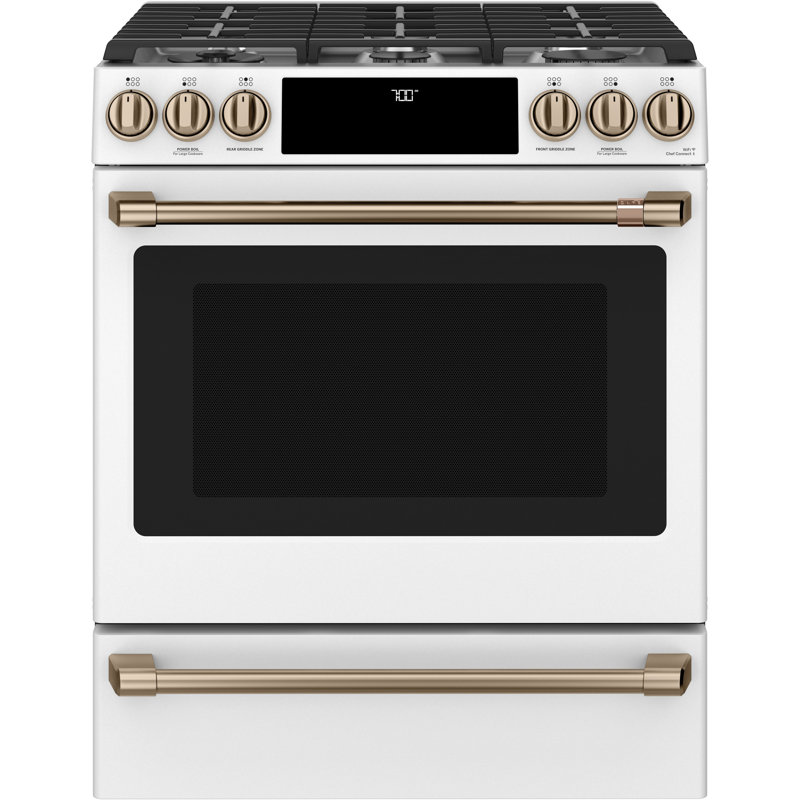 Café Smart Appliances 30" 5.6 cu. ft. Slide-in Gas Range with Griddle, Matte White - Brushed Bronze