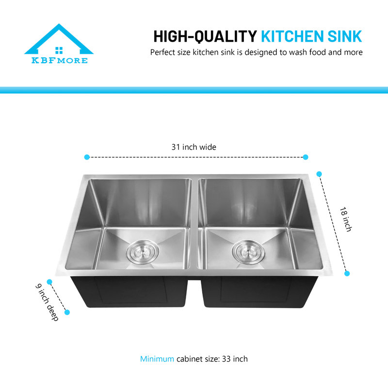 KBFmore Single Bowl Tight Radius Stainless Steel Kitchen Sink, 5 Pcs Sink Gadgets, 16-Gauge, 9" H x 33" W x 9" D