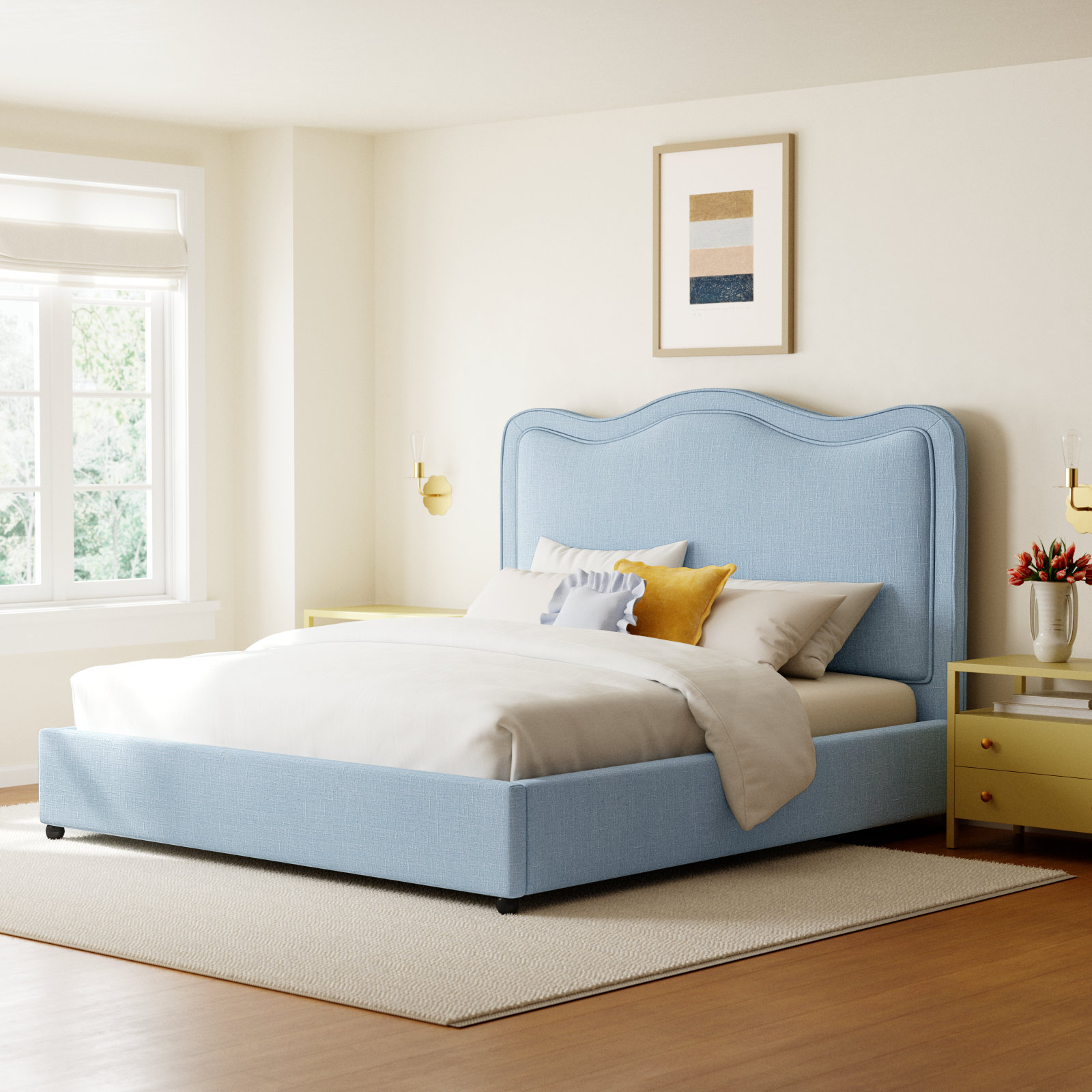 Upholstered Scalloped Bed, King, Light Blue Performance Linen