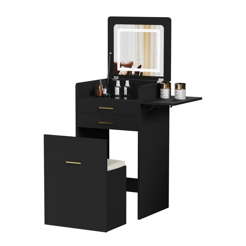Compact 2-in-1 Flip-Top Dressing Table Set with LED Mirror, Small Vanity Desk & Storage Stool for Bedroom, Small Spaces
