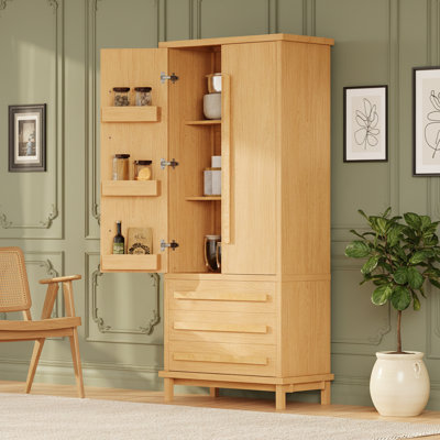 70Inch Tall Wooden Pantry Cabinet with Adjustable Shelf, 6 Door Compartments and 3 Full-Extension Drawers for Smart Kitchen Storage.