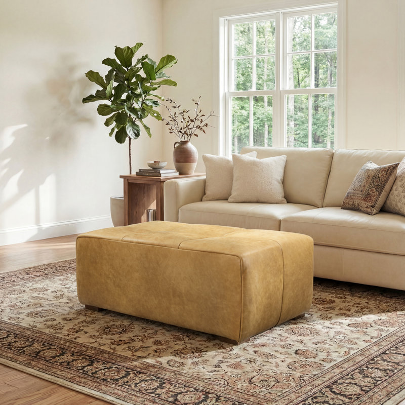 40.5" Wide Full-Grain Genuine Leather Standard Square Cocktail Ottoman, Light Brown