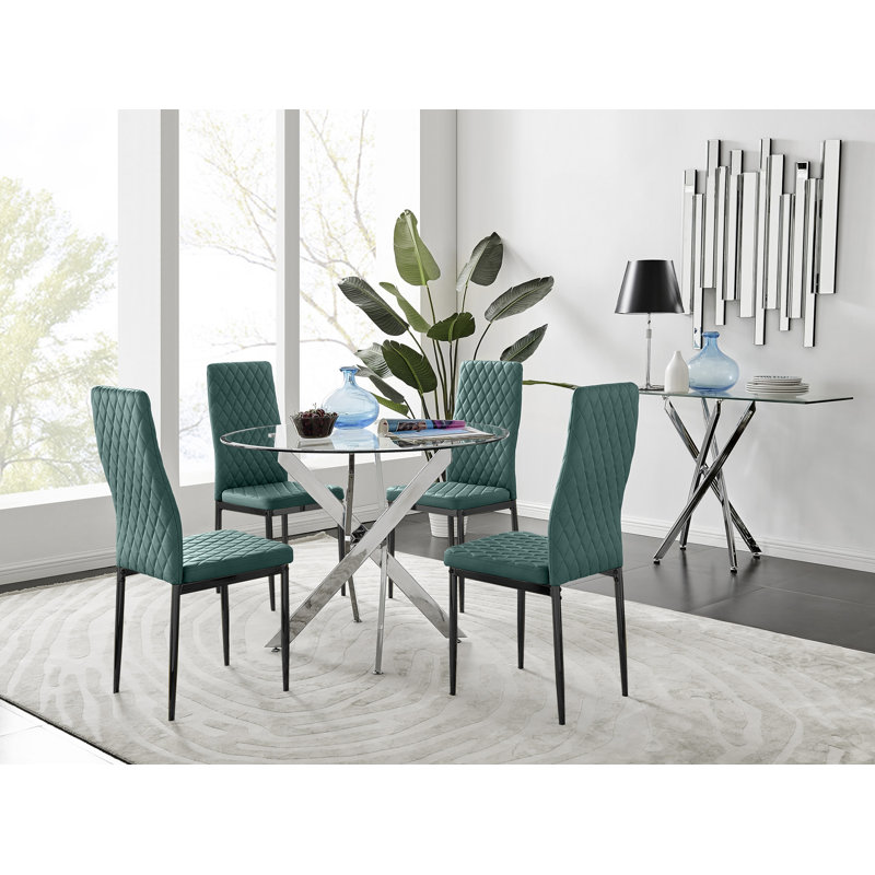 Bernell Modern Chrome Metal & Glass Round Dining Table Set with 4 Quilted Velvet Chairs, Green/Black, 75 x 100 x 100cm