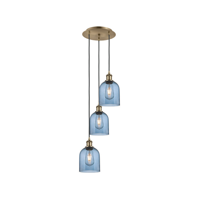 Luminaire suspendu grappe 3 lumières Odaniel, Laiton antique, Bleu princesse