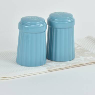 Teal Salt and Pepper Shakers with Glass Bottom, Stainless Steel