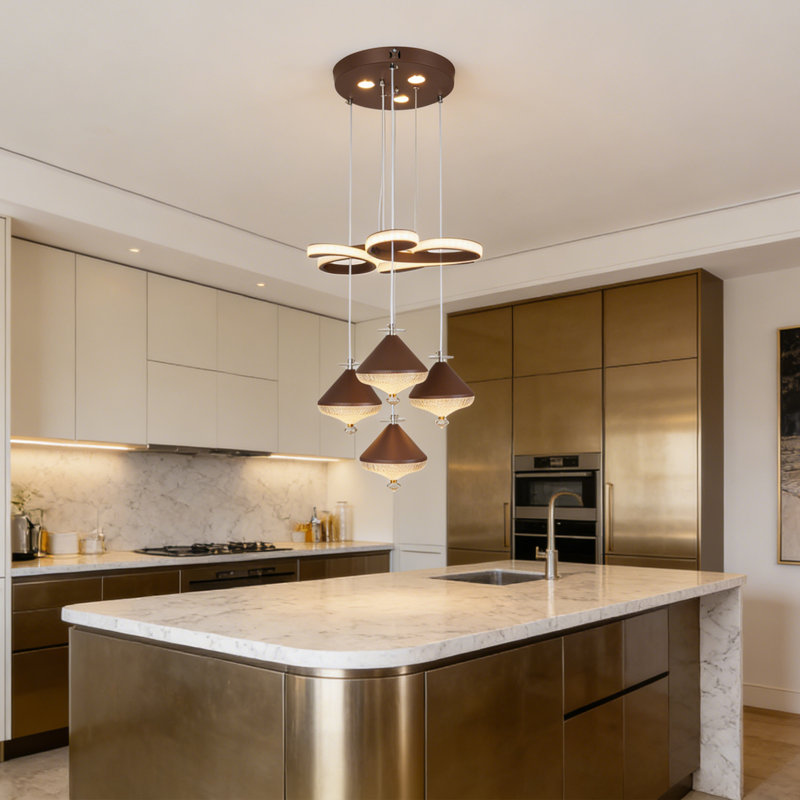 Modern Brown 4-light Led Pendant Chandelier, Adjustable Height