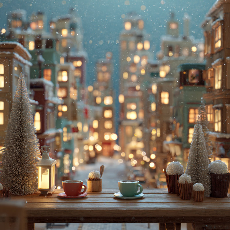 «Winter Coffee City View», art mural sur toile tendue, 40 po x 40 po