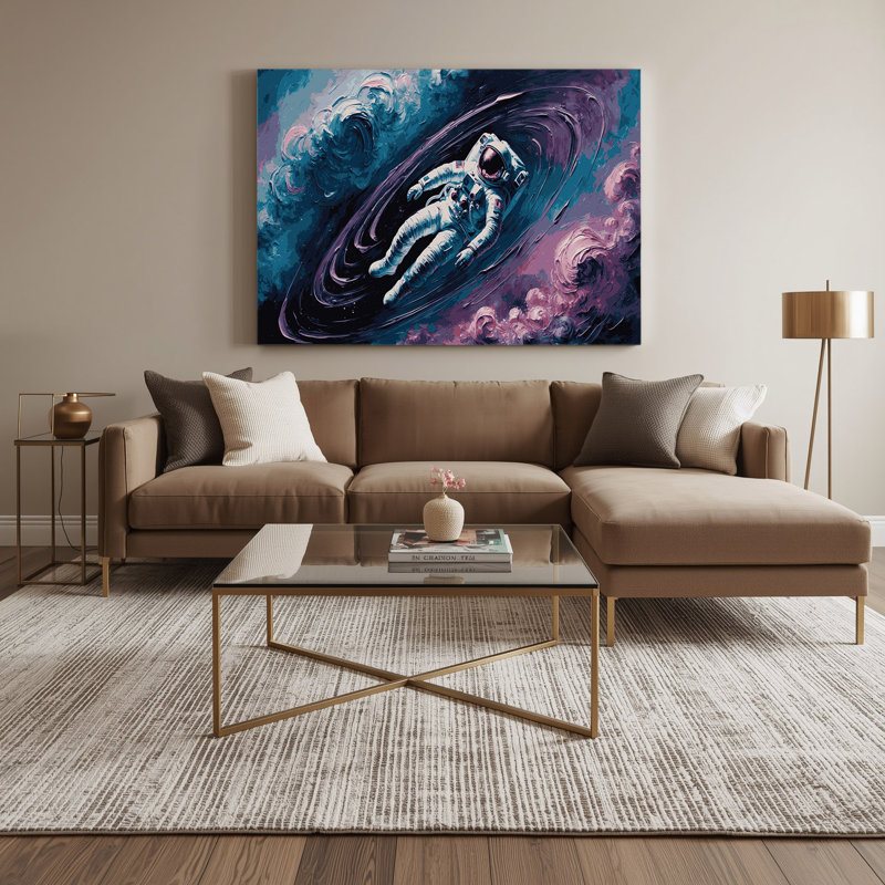 «Sci Fi Astronaut flottant dans une nébuleuse colorée», art mural sur toile grise, H 11 po x l 14 po