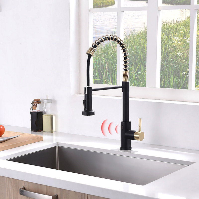 Touchless Kitchen Faucet,Hands Free Automatic Smart Kitchen Faucet Black Smart Kitchen Faucet, Black/Gold