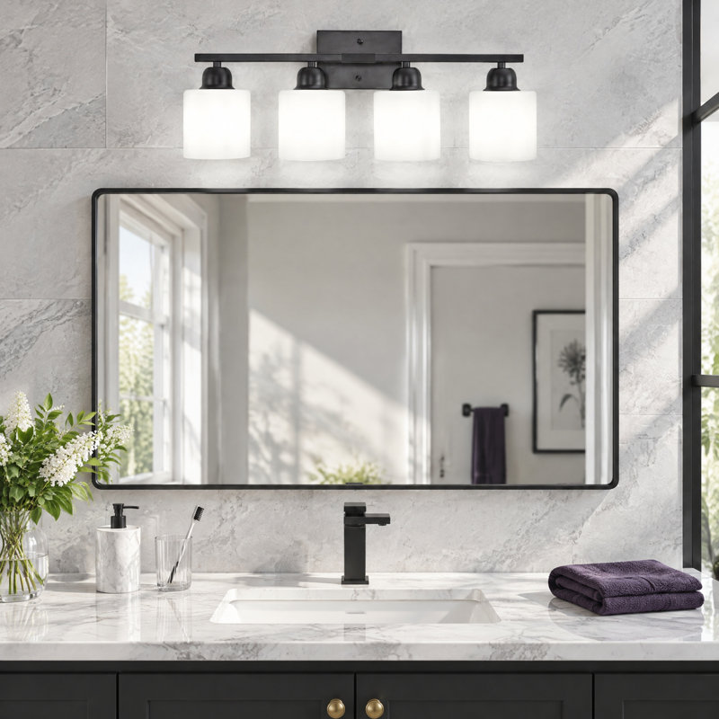 Applique murale de salle de bain noire à 4 lumières, 24 po, avec abat-jour blanc et antirouille., Noir mat, Quatre lumières