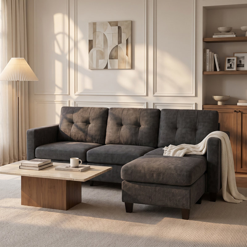 196cm 3 Seater Sofa, Wide L-shaped Sofa Couch, Upholstered Sleeper with Armrests, DeepGray Linen