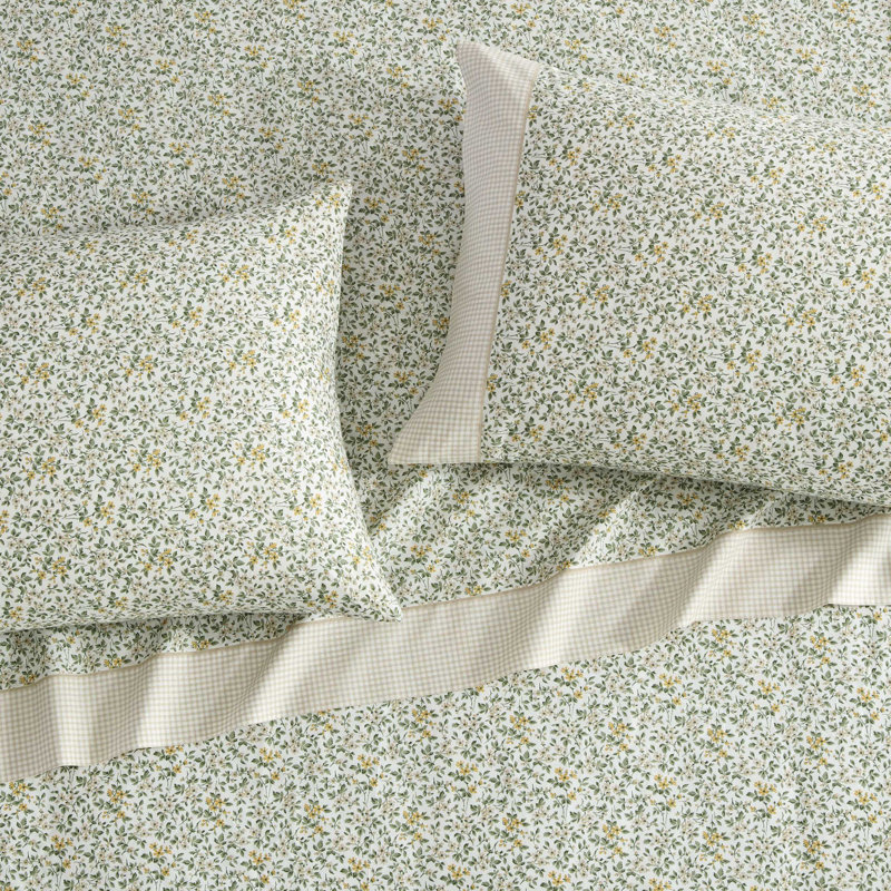 Laura Ashley Kate Cotton Printed Hem Blue Full Sheet Set, Queen Sheet Set with 2 Pillowcases, Green Floral