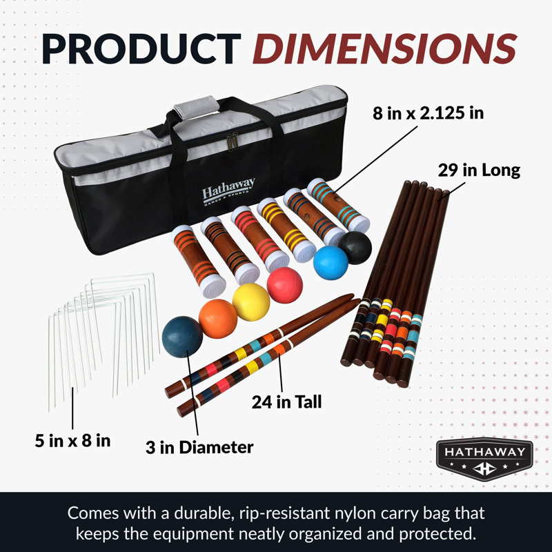 Ensemble de croquet à 6 joueurs pour familles Hathaway - comprend des maillets en bois franc durable, des poignées et des piquets de but, des boules de croquet en polymère résistant aux ébréchures, des guichets en acier et un sac de transport en nylon