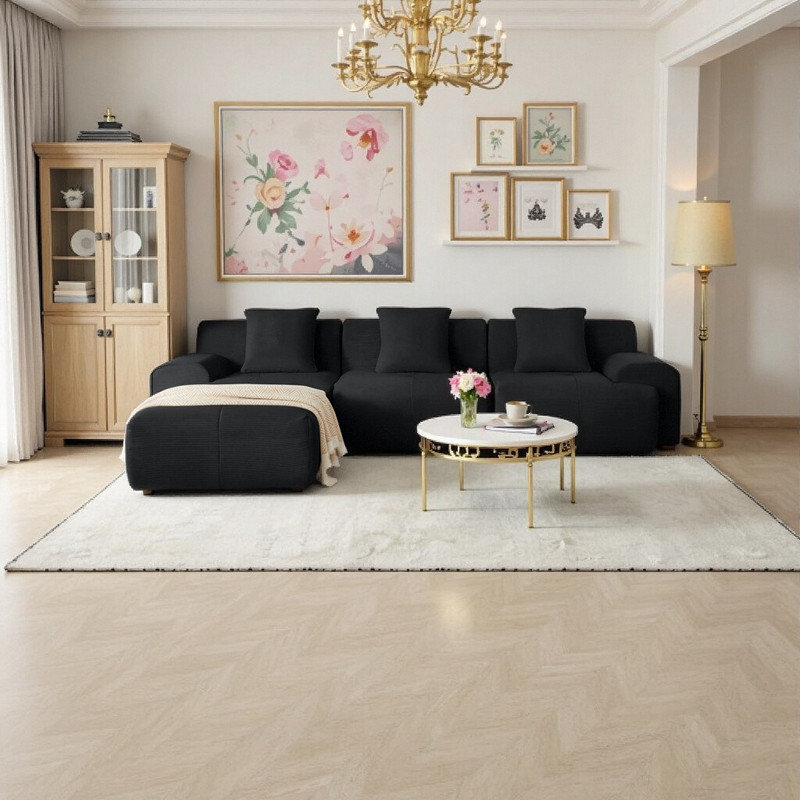 Canapé modulaire en forme de L de 113 po avec repose-pieds 3 places en velours côtelé, Noir