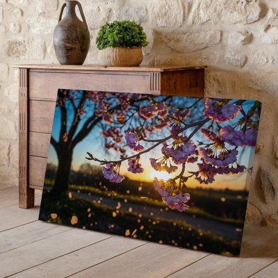 Toile, scène sereine de printemps avec délicates branches de cerisier en fleurs ornées de pétales roses doux tombant doucement sur toile