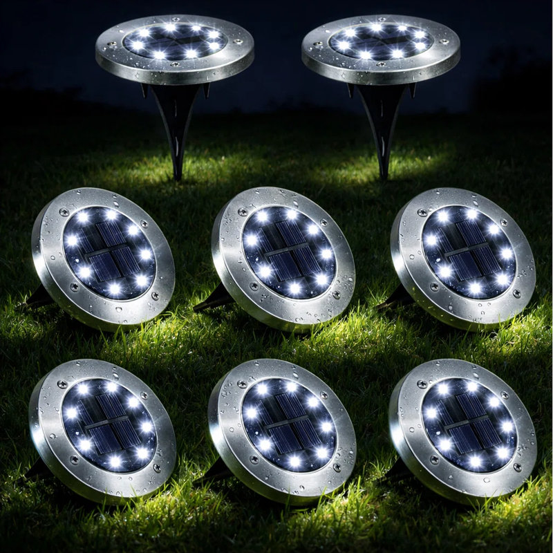 Low Voltage Solar Ground Lights 8 LED Garden Waterproof Disk Light Outdoor Pathway Metal Well Light, White