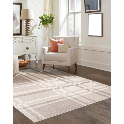 Tapis de couloir ivoire / gris en polyester tissé à plat 2 pi 6 po x 8 pi Markisha
