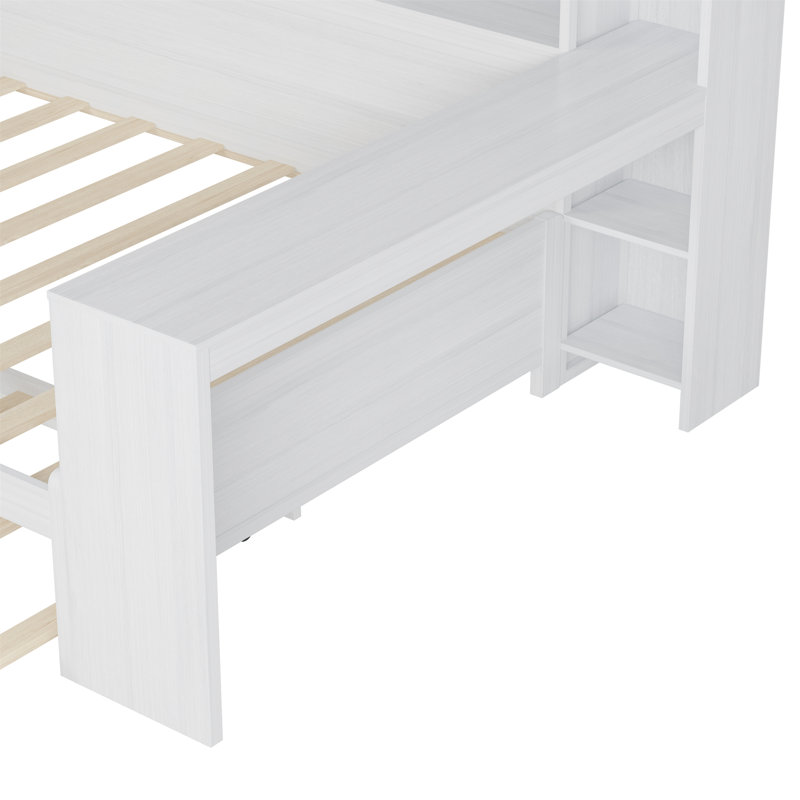 Multifunctional Modern Wooden Twin Size Daybed With Storage Shelves, Study Desk And Twin Trundle Bed, White