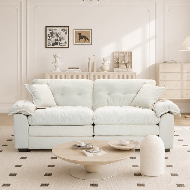 Geneveve 84" Chenille Upholstered Pillow-Top Arm Loveseat Sofa with Memory Foam Cushions and Pocketed Coil Springs, Beige