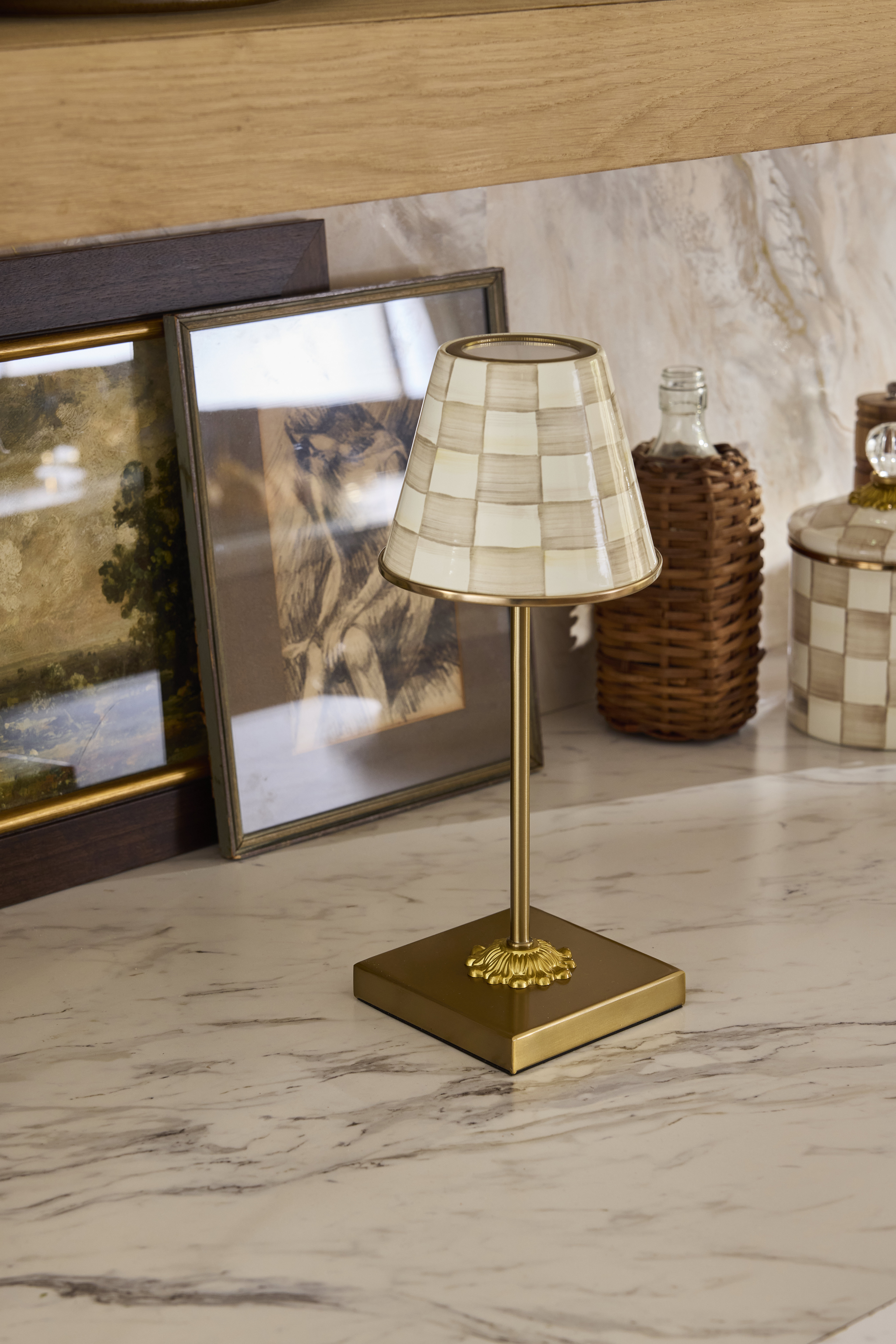 MacKenzie-Childs Mocha Check LED Rechargeable Cafe Table Lamp | Wayfair