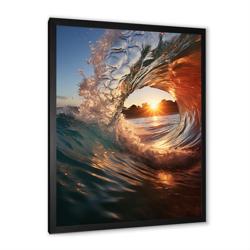«Beach Photo Sunlit Waves IV» - Impression sur toile nautique et plage, Cadre photo noir, L 12 po x H 20 po