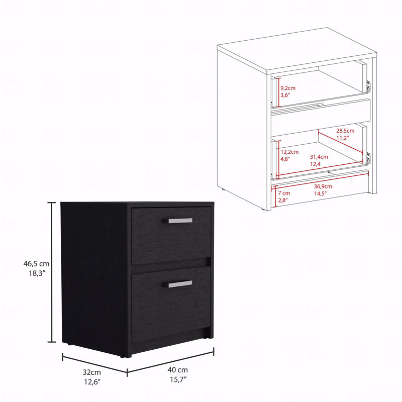 2 Drawers Nightstand, End Table, Side Table Metal Handles -Black, Black