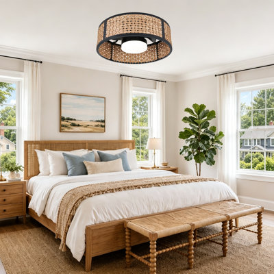 20" Rattan Farmhouse Flush Mount Caged Ceiling Fan With Lights and Remote Control, Boho Style, 6 Speeds Fandelier for Bedroom