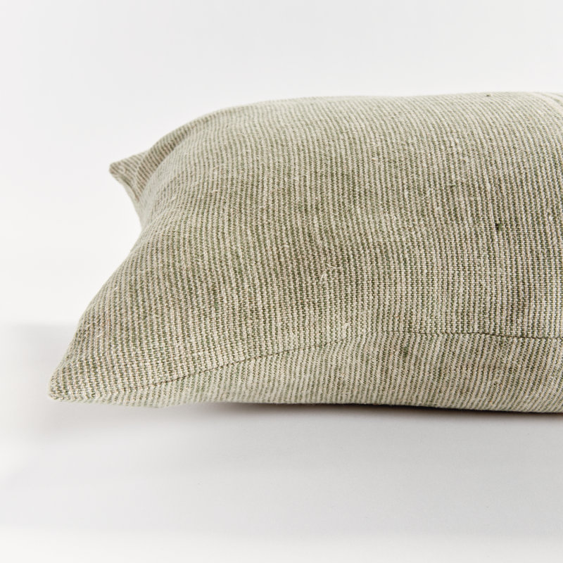 Jules European Flax Fiber Pillow Cover & Insert, Rectangle 14" H x 20" W, Knife Edge, Green/Ivory/Pinstripe