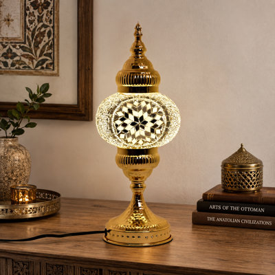 Warm Ambient Moroccan Accent in White — Turkish mosaic bedside lamp featuring amber glass, a gold metal base and an included E12 LED bulb for bedroom, living room or nightstand decor