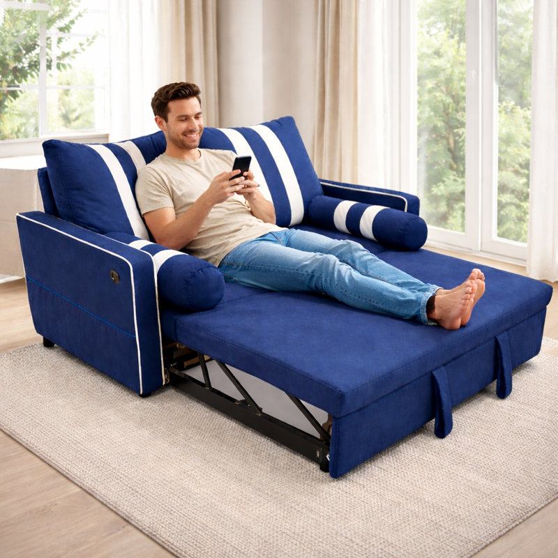 Modern 2-Seater Convertible Pull-Out Sofa Bed With USB Charging Port & Adjustable Backrest, Blue
