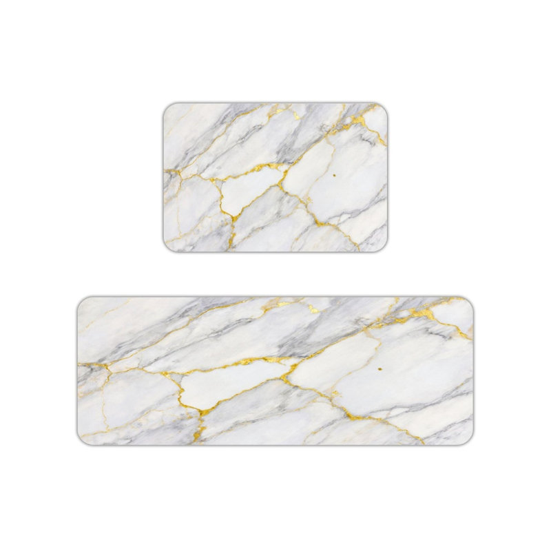 Tapis de cuisine en marbre blanc et or blanc, 2 tapis modernes pour la cuisine et le salon
