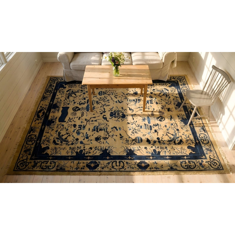 Tapis chinois antique ivoire et bleu Pékin